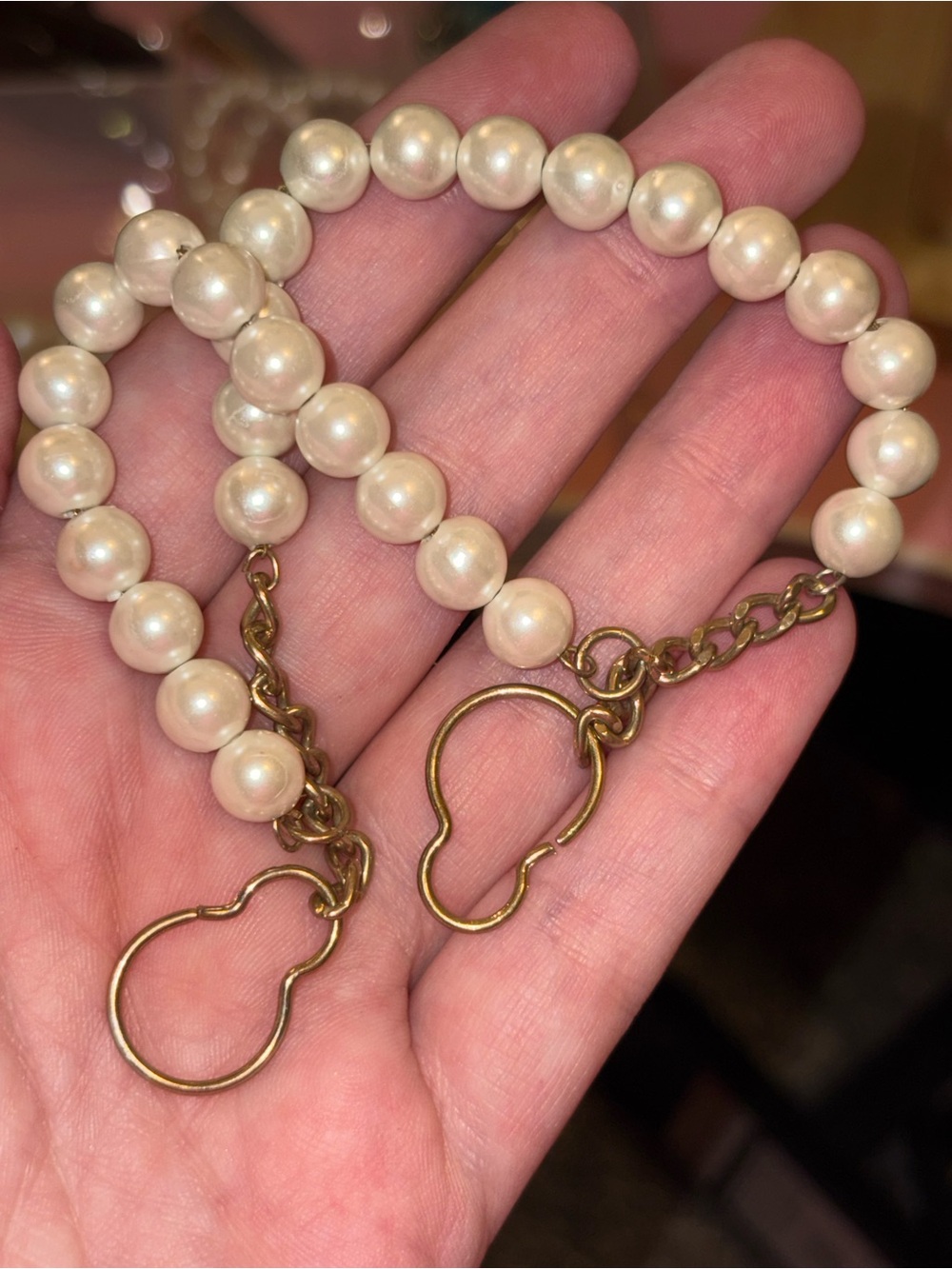 Vintage Double Strand Faux Pearl Sweater Guard Clasp Gold Tone Hooks
